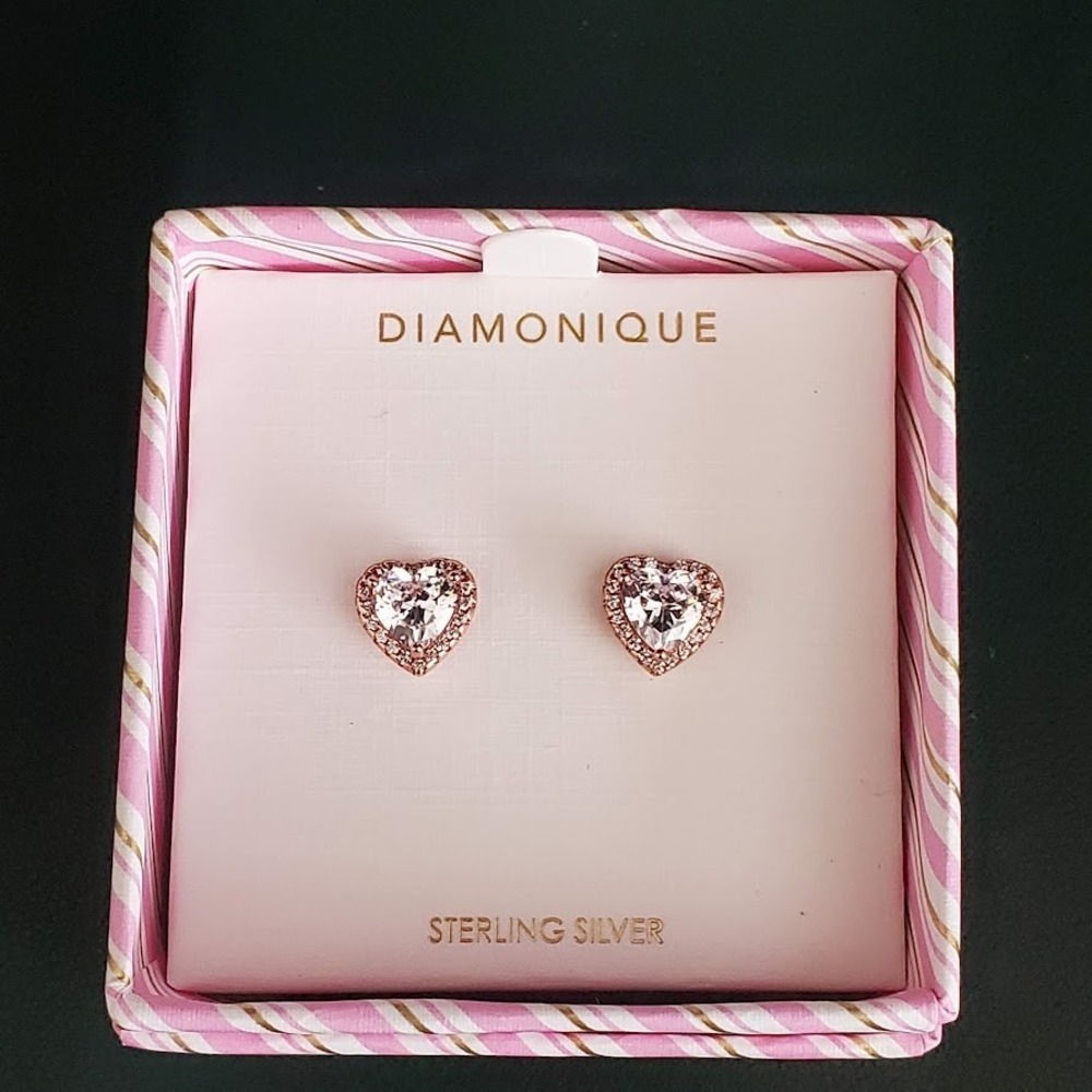 Diamonique Small Heart Shaped Earrings Rose Gold Over Sterling Silver Pave‎ NWOT